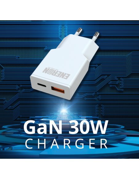Ładowarka GaN Technology 30W SLIM USB-C USB-A Biała