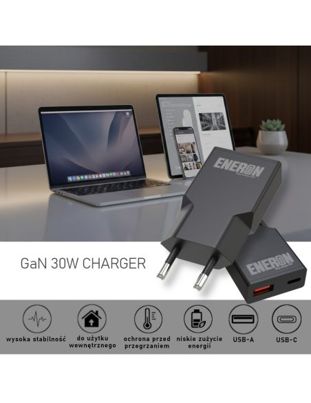 Ładowarka GaN 30W 1xUSB-C 1xUSB-A Czarna
