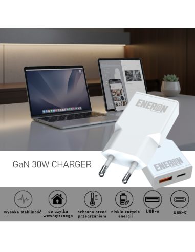 Ładowarka GaN 30W 1xUSB-C 1xUSB-A Biała