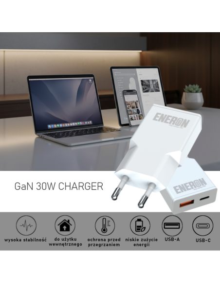 Ładowarka GaN Technology 30W SLIM USB-C USB-A Biała