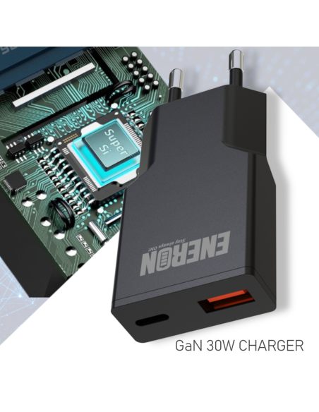 Ładowarka GaN Technology 30W SLIM USB-C USB-A Czarna