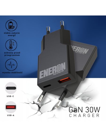 Ładowarka GaN Technology 30W SLIM USB-C USB-A Czarna