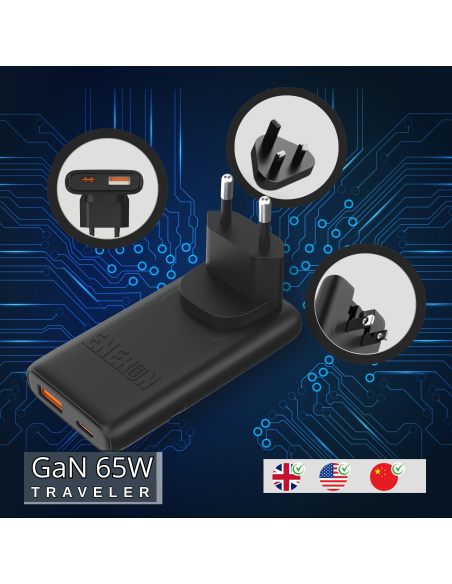 Ładowarka GaN Technology TRAVEL 65W SLIM USB-C USB-A Czarna