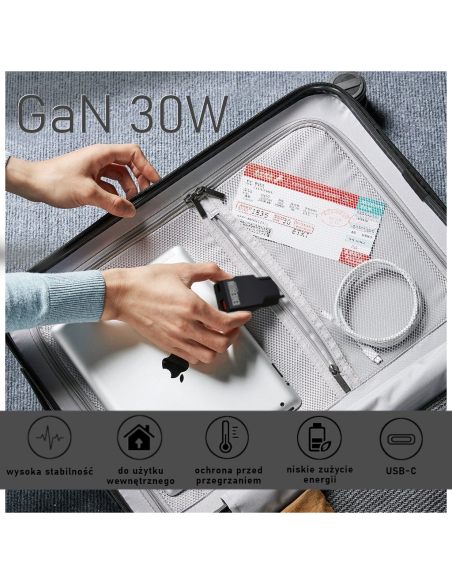 Ładowarka GaN Technology 30W SLIM USB-C USB-A Czarna