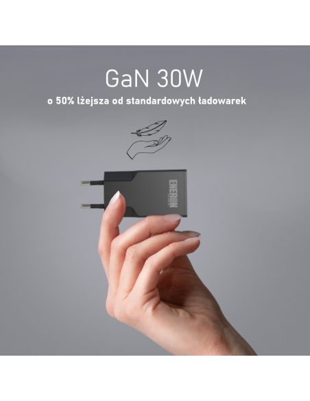 Ładowarka GaN Technology 30W SLIM USB-C USB-A Czarna