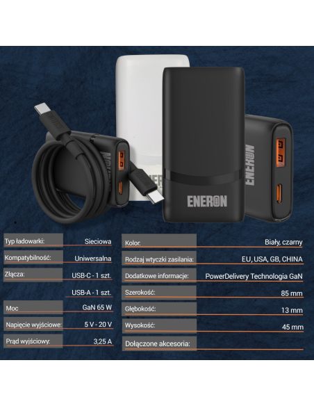 Ładowarka GaN Technology TRAVEL 65W SLIM USB-C USB-A Czarna