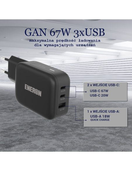 Ładowarka GaN 67W SuperFast 2xUSB-C 1xUSB-A Czarna